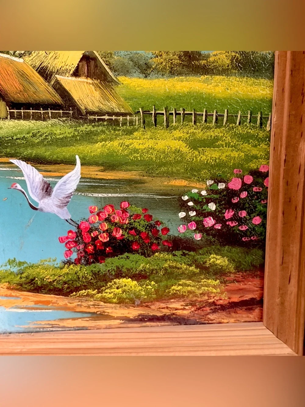 Tropical Crane Mountains River Scene Picture Print Ducks Huts Wall Hanging Art